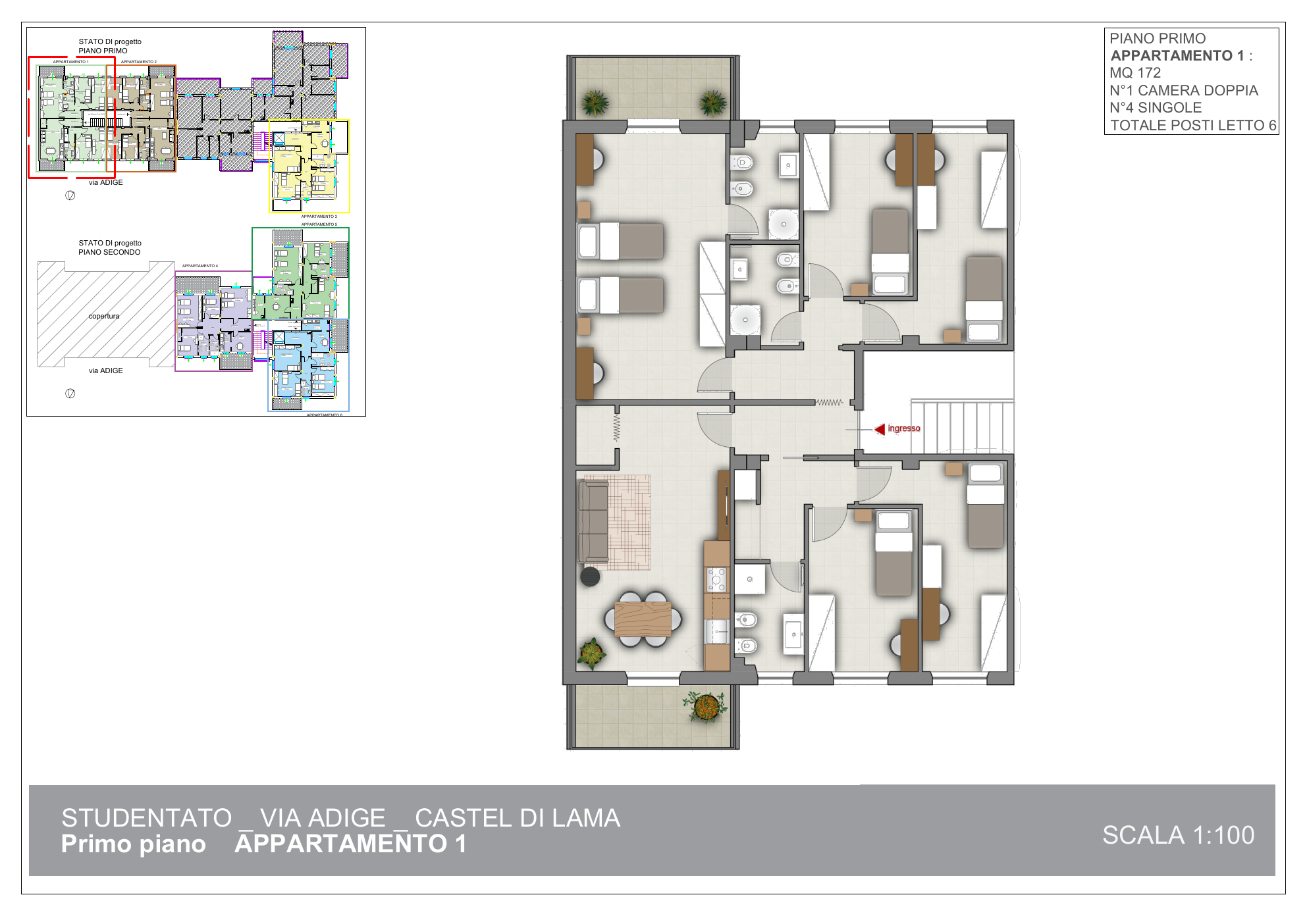 Planimetria arredata dell’appartamento 1 di Piceno Student 2