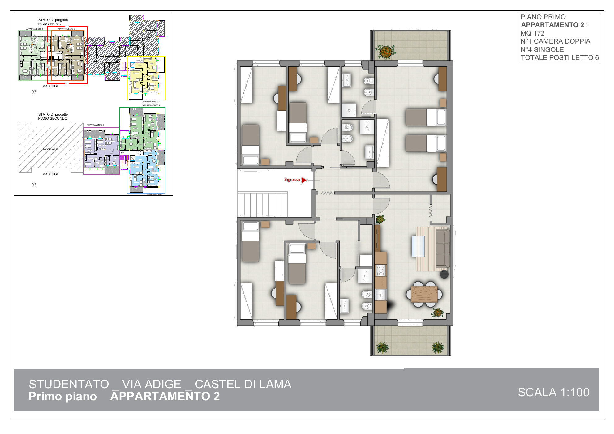 Planimetria arredata dell’appartamento 2 di Piceno Student 2