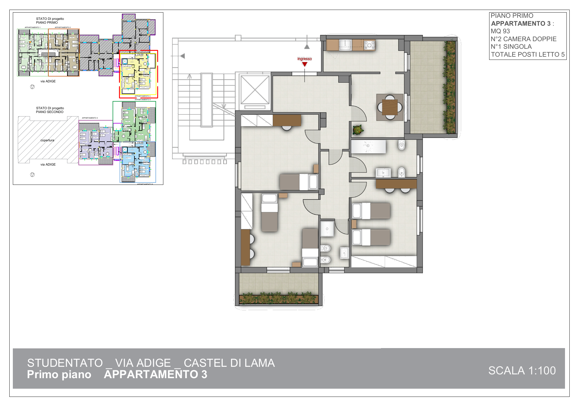 Planimetria arredata dell’appartamento 3 di Piceno Student 2