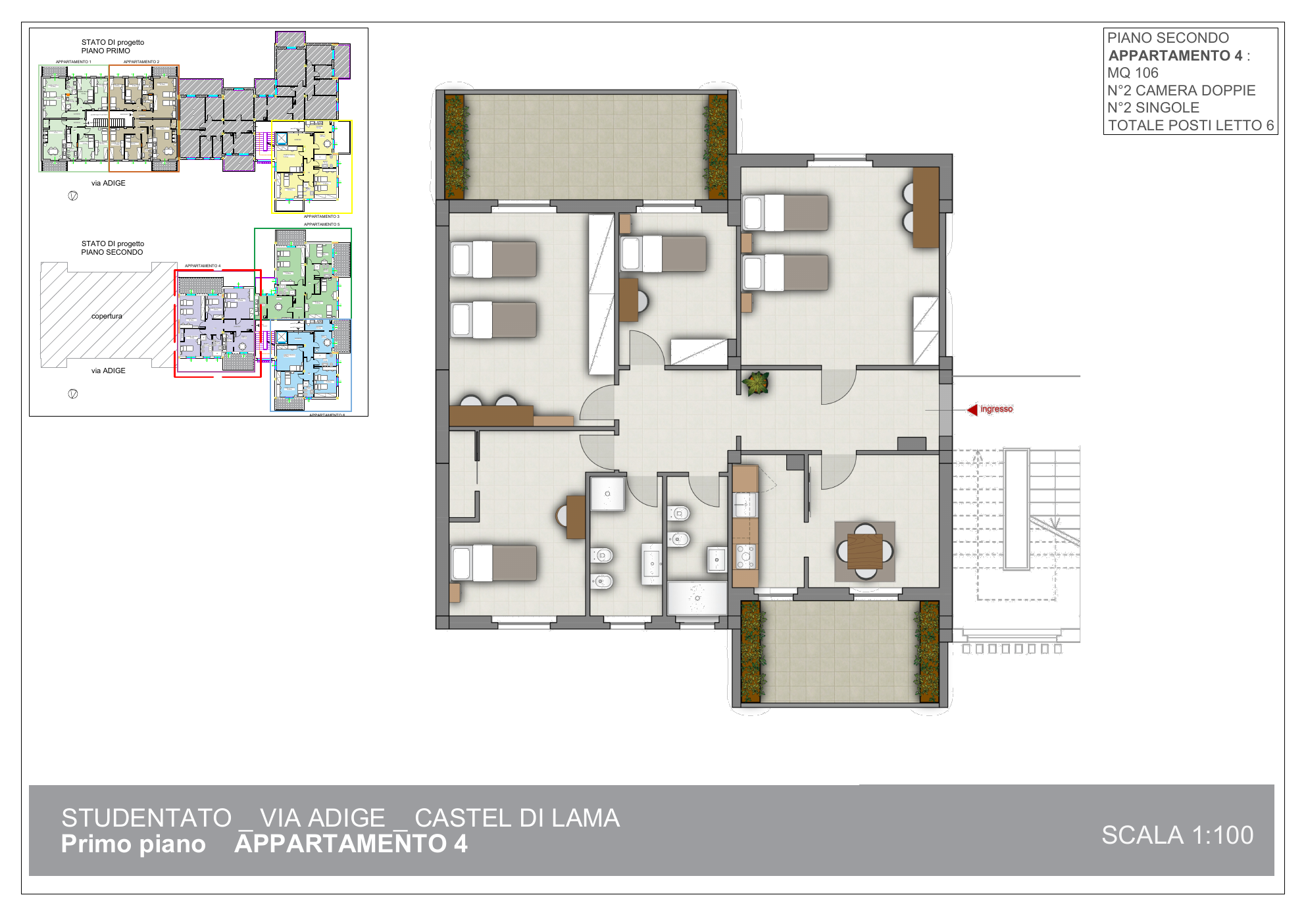 Planimetria arredata dell’appartamento 4 di Piceno Student 2