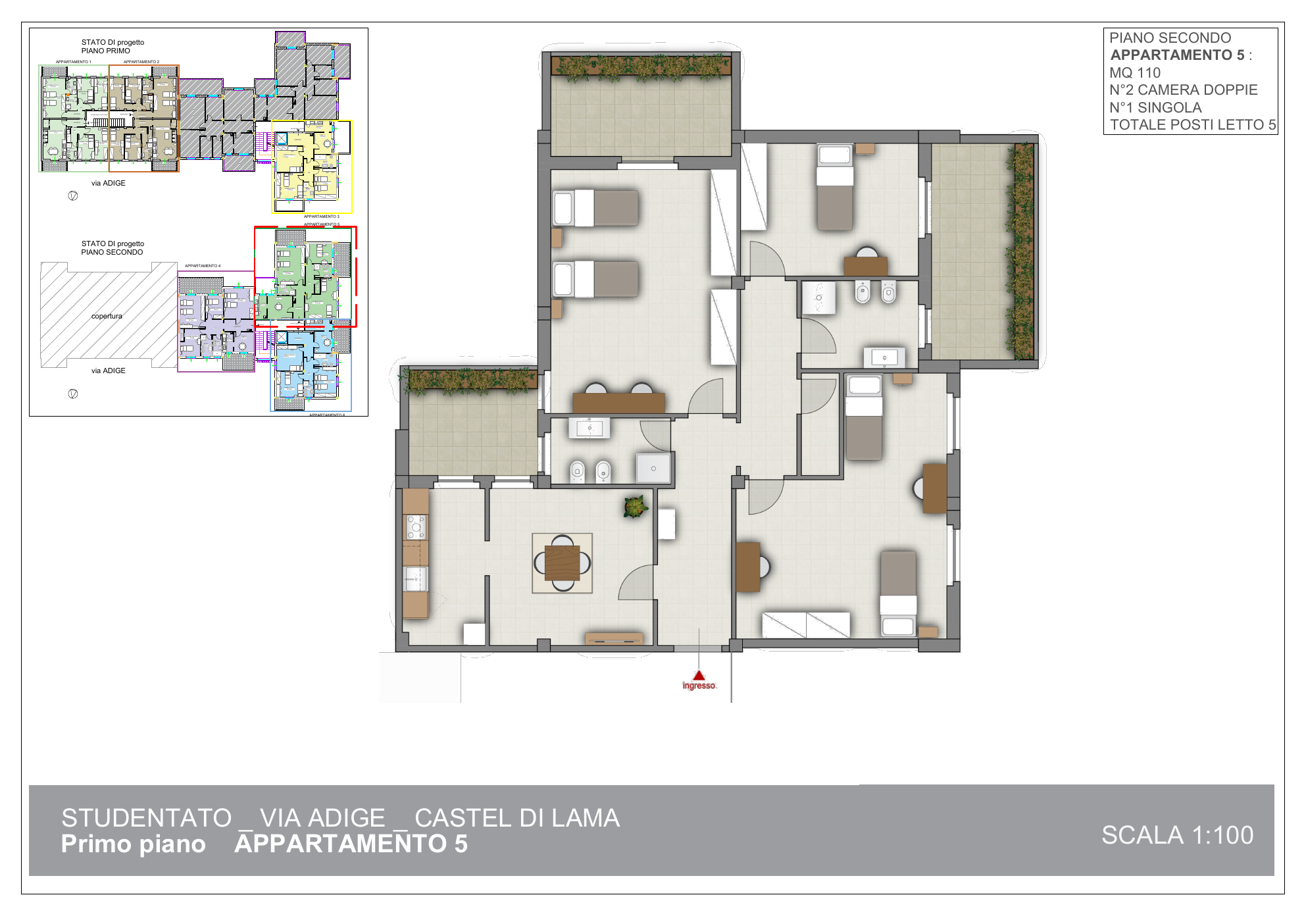 Planimetria arredata dell’appartamento 5 di Piceno Student 2