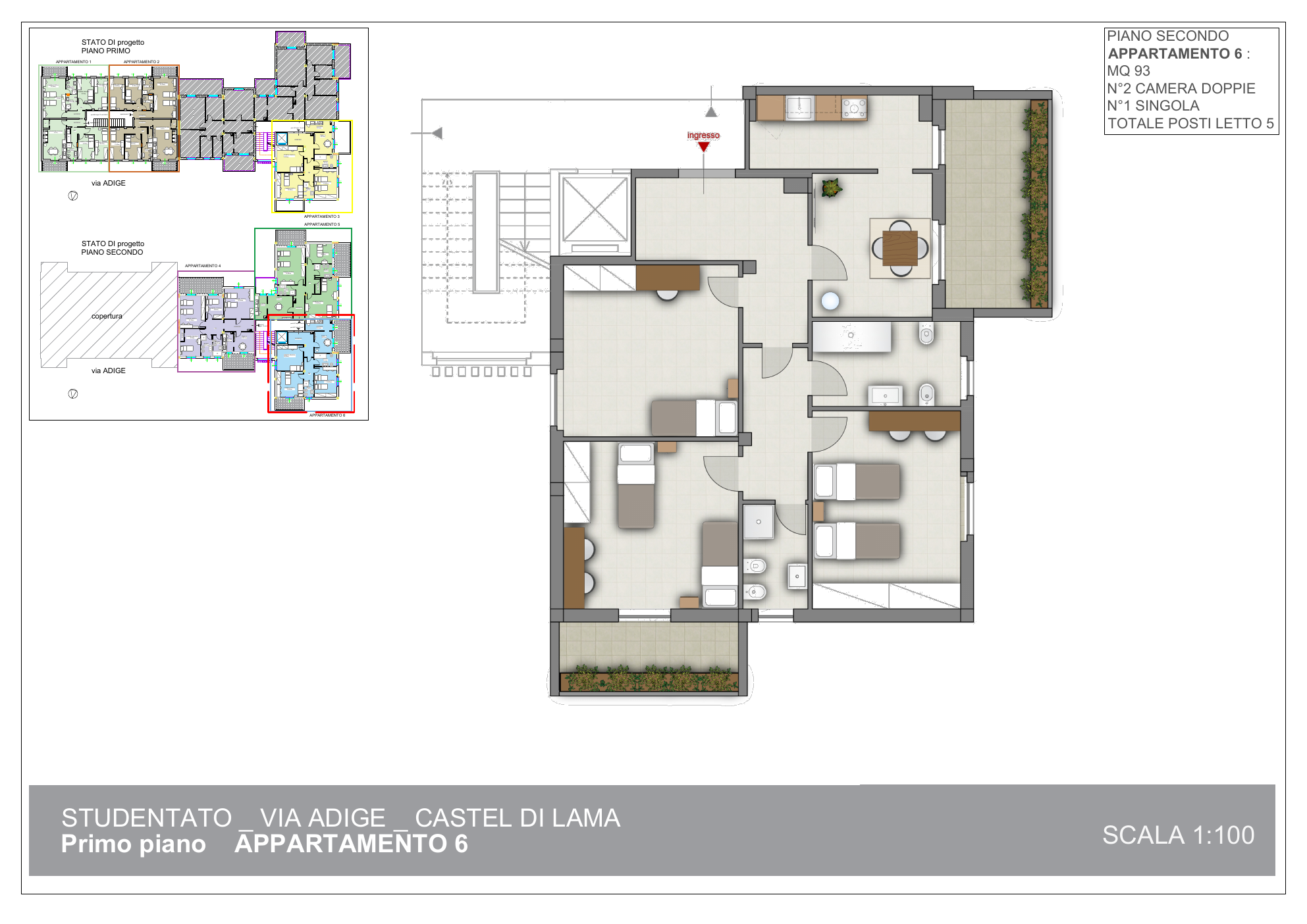 Planimetria arredata dell’appartamento 6 di Piceno Student 2