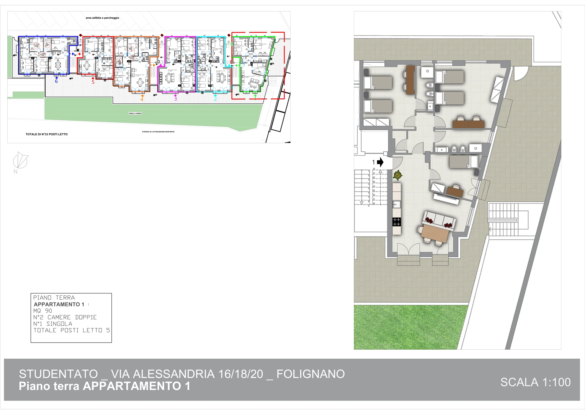 Planimetria arredata dell’appartamento 1 di Piceno Student 1