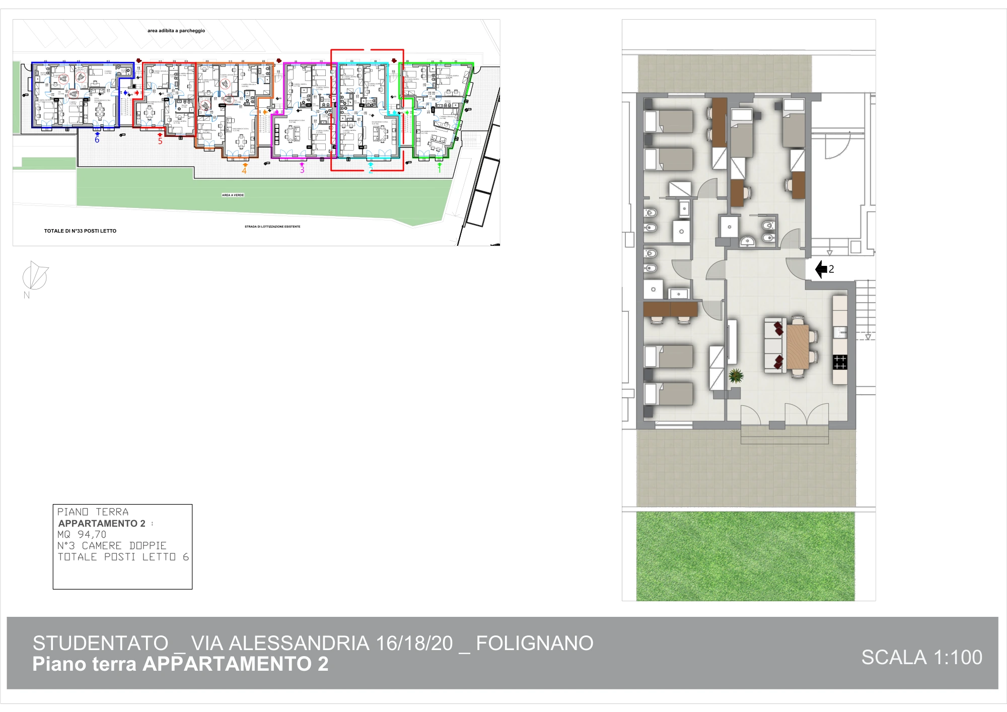 Planimetria arredata dell’appartamento 2 di Piceno Student 1