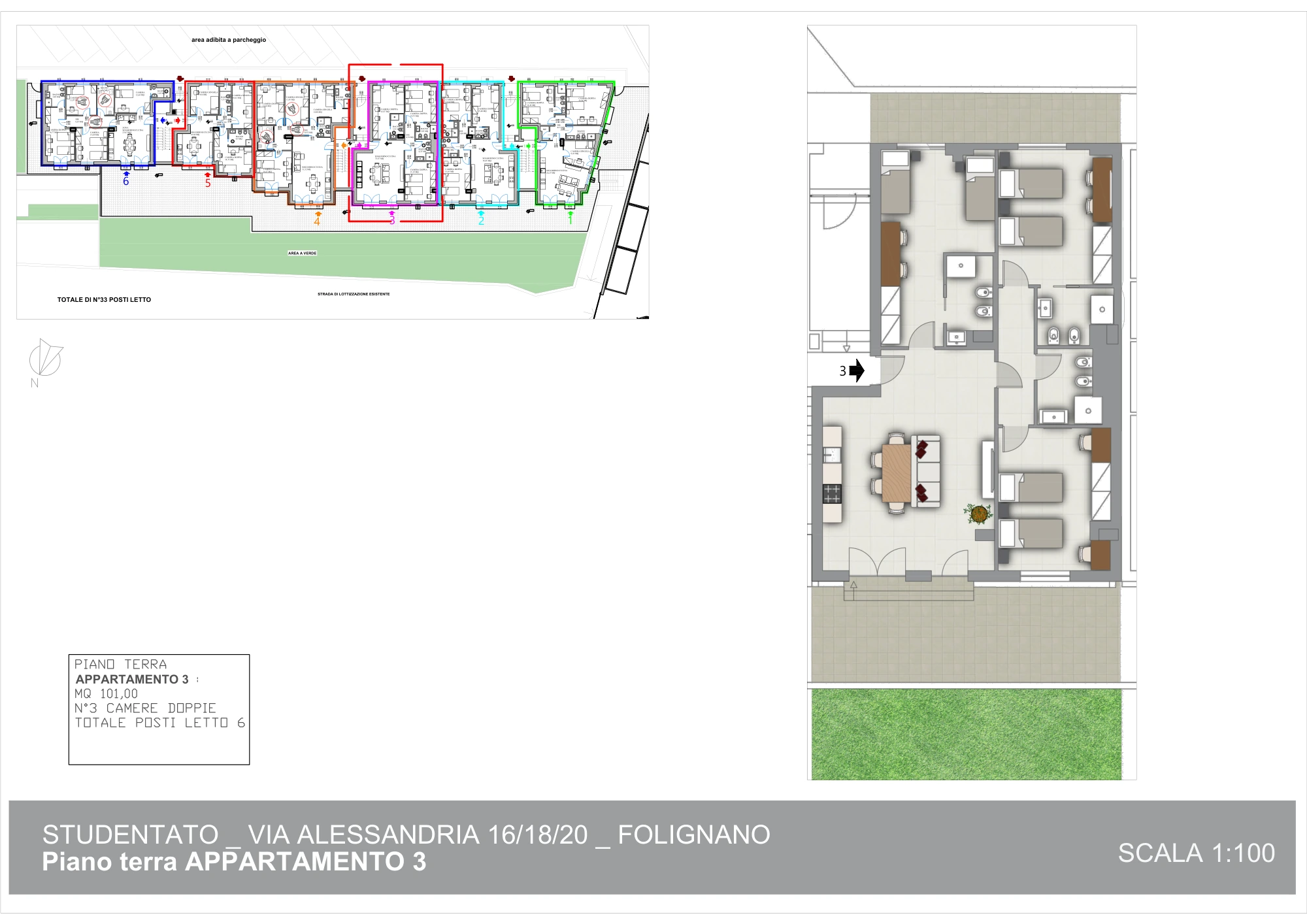 Planimetria arredata dell’appartamento 3 di Piceno Student 1
