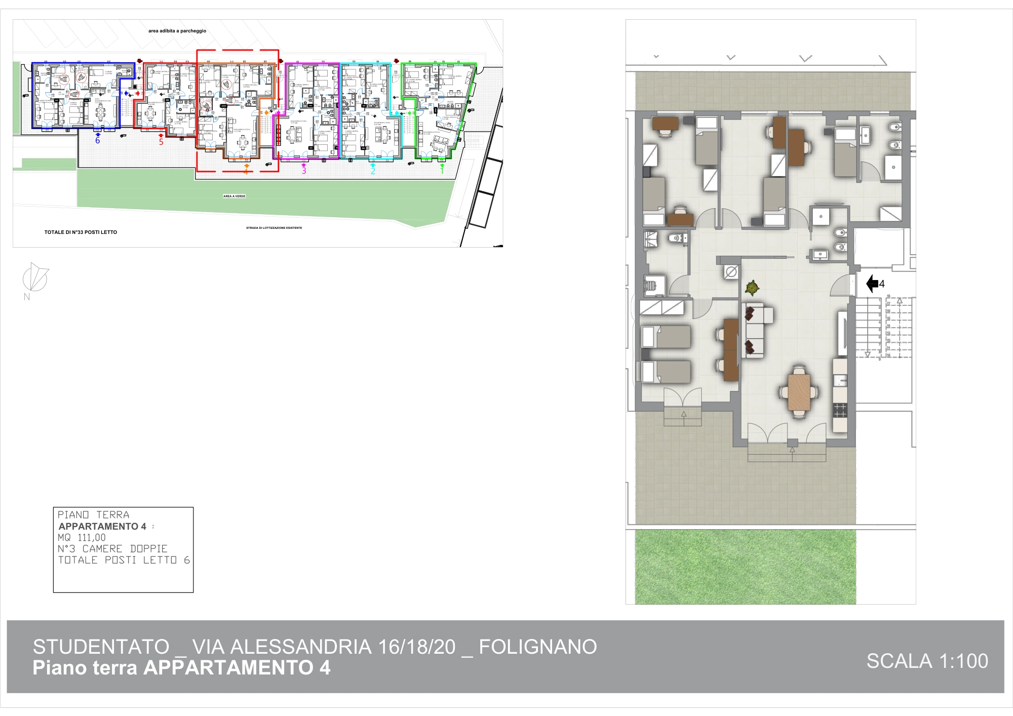 Planimetria arredata dell’appartamento 4 di Piceno Student 1