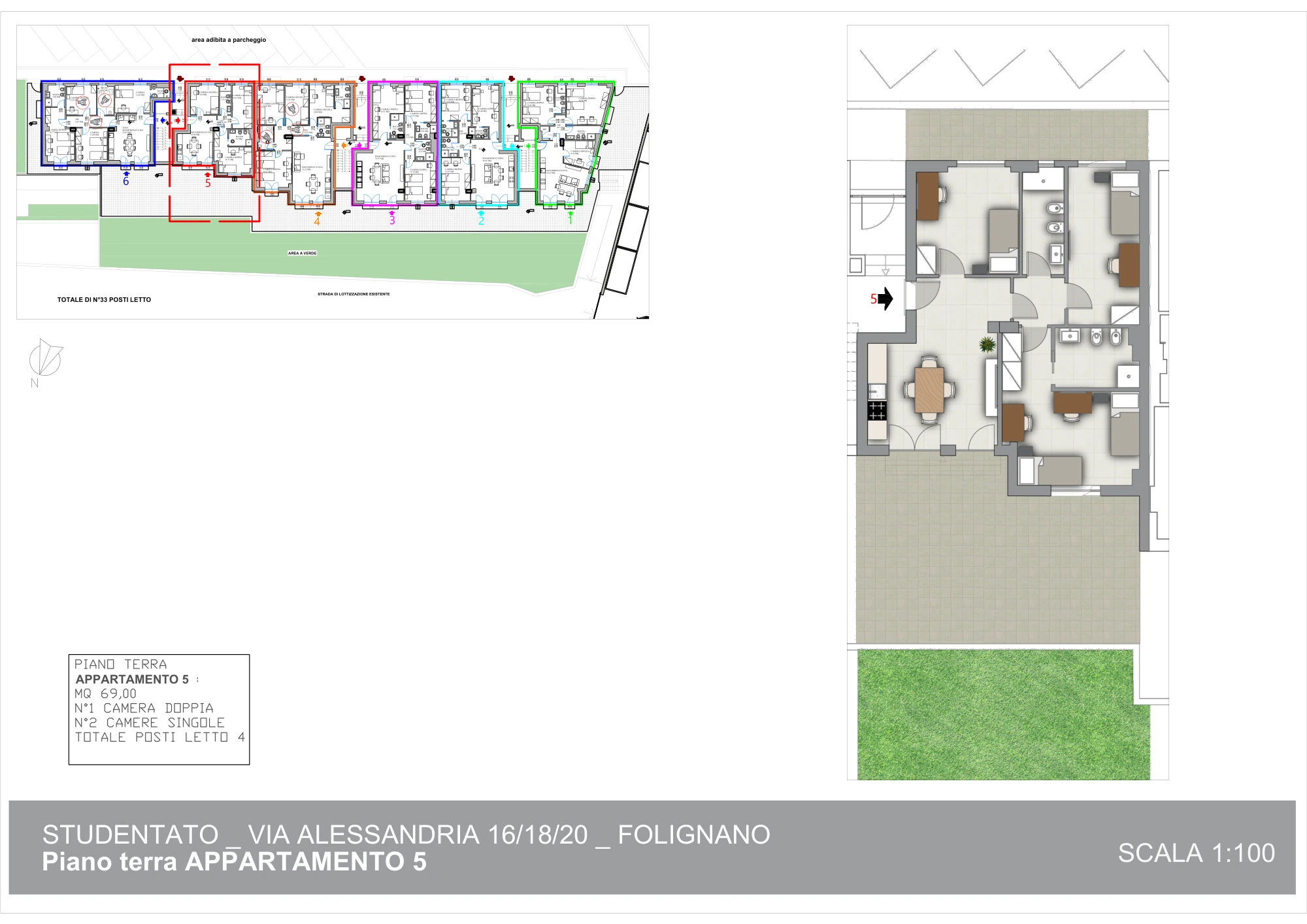 Planimetria arredata dell’appartamento 5 di Piceno Student 1