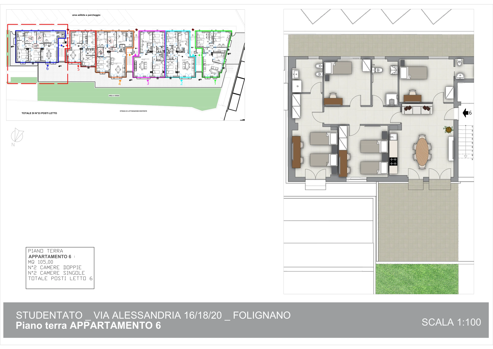 Planimetria arredata dell’appartamento 6 di Piceno Student 1